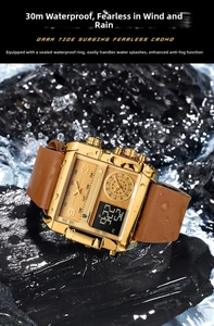 Macro shot of gold square watch on wet rock showing 30m water resistance and brown leather strap
