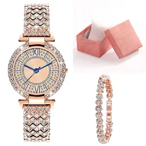 Luxury rose gold women's quartz watch and heart bracelet set with sparkling rhinestones