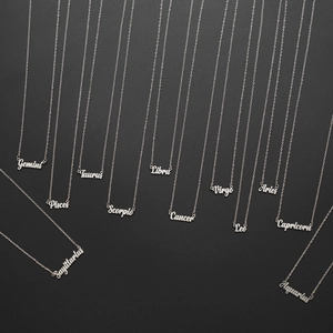Minimalist silver twelve zodiac sign pendant necklaces with cursive English font pendants