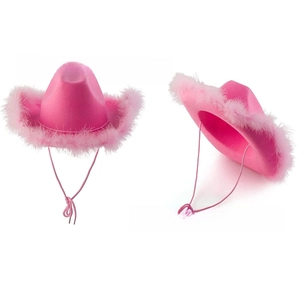 Close-up of pink western cowboy hat featuring fluffy feather trim and adjustable drawstring