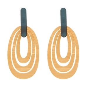 Retro multi-layer striped oval gold earrings with dark green resin accent piece