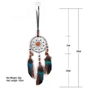 Handmade dreamcatcher car pendant with natural feathers and wooden beads measurement display