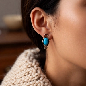 Close-up of vintage bronze oval earring with turquoise stone worn with a knit sweater