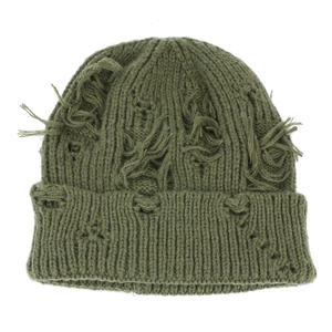 Distressed olive green knit beanie with ripped details and streetwear aesthetic style