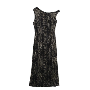 Asymmetric Shoulder Sleeveless Maxi Dress Metallic Gold Stamping Abstract Print Sexy Slim Fit Evening Party Elegant Women
