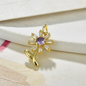 Detail of sunflower pendant with purple center stone and clear crystal petals