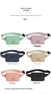 Detail view of colorful waterproof oxford fanny packs in six different stylish colors