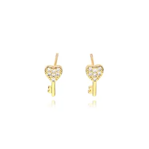 Trendy Heart Key Stud Earrings Zirconia Inlaid Copper 18K Gold Plated Small Ear Jewelry For Women Valentine Gift