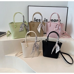 Woven PU Leather Bucket Bag For Women Fashion Top Handle Handbag With Satin Scarf Adjustable Shoulder Strap