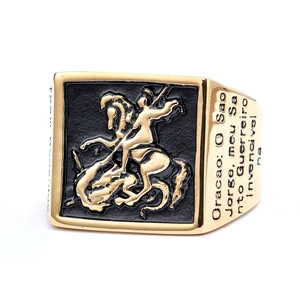 Men's gold-plated stainless steel square ring with Saint George dragon relief and carvings