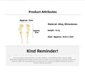 Detailed specs for gold floral tassel earrings with rhinestones and alloy materials