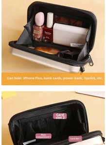 Detail view of mini suitcase bag interior with compartments for phone and bank cards
