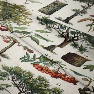 Macro shot of vintage botanical tapestry fabric showing detailed plant prints and texture