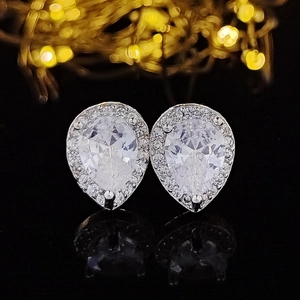 Elegant pear-shaped drop earrings featuring halo-set crystals in a silver-tone finish