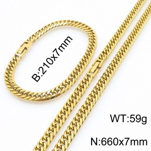 Detailed view of 7mm golden stainless steel Cuban chain necklace and bracelet set specifications