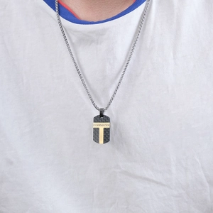 Men's titanium steel T-shaped carbon fiber pendant necklace with gold accents and diamonds