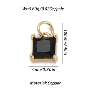 Detail view of gold-plated copper pendant with square black zircon and dimensions
