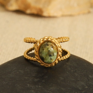 French vintage open ring with oval green stone on gold stainless steel rope band