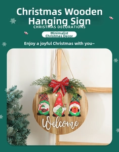Detail view of the wooden Christmas welcome sign featuring three gnomes and a fabric bow