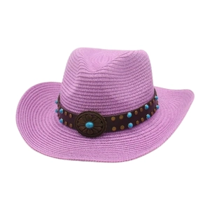 Pink woven western cowboy hat with turquoise beads and vintage metal floral buckle detail