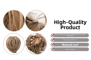 Macro shot of light brown hair bun showing textured synthetic fiber and elastic band