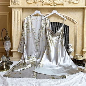 Elegant silver silk floral robe set with adjustable waist tie and matching slip dress