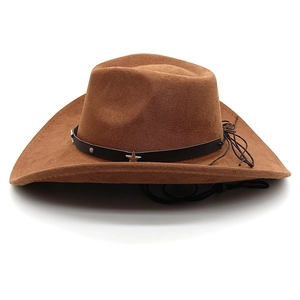 Detail of brown faux suede cowboy hat featuring star studs and adjustable chin strap