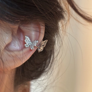 Silver butterfly ear cuff with sparkling zircon inlay for non-pierced ears in minimalist style