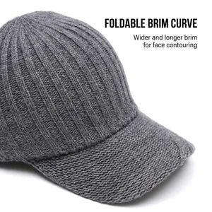 Grey knitted baseball cap for winter featuring a foldable brim and ribbed texture for warmth