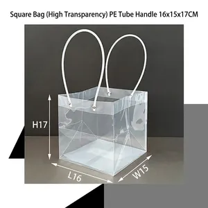 Sacchetto regalo quadrato in PVC trasparente con manici bianchi, misura 16x15x17cm