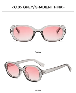 Detail view of oval grey translucent sunglasses with gradient pink lenses, model C.05