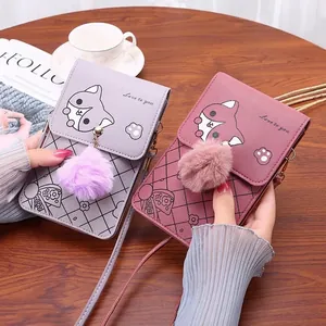 Fashionable mini cat-themed crossbody cell phone bag set with cute pompom charms
