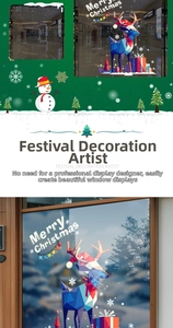 Detailed view of colorful reindeer window decals with Merry Christmas text for festive decor
