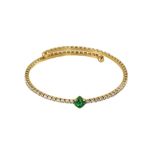 18k gold plated stainless steel open bangle with zircon pavé and green square gemstone