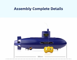 Detail view of assembled RC submarine model measuring 305mm with remote controller