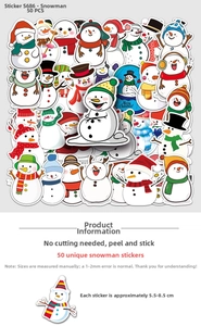 Detail showing 50 unique snowman stickers with 5.5-8.5cm sizes and waterproof texture