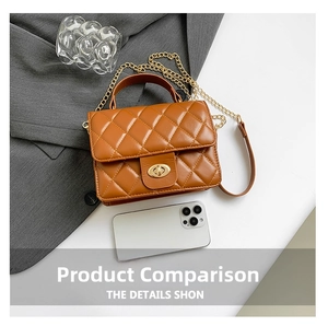 Close-up of brown quilted leather bag with gold metal twist lock and phone size reference