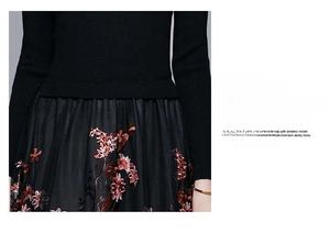 Detailed view of floral embroidery and ribbed knit texture on a retro black dress