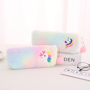 Rainbow plush unicorn pencil case with soft faux fur and cute fuzzy pompom zipper