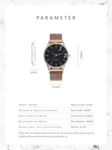 Tableau des tailles détaillé pour montre quartz M0285 avec bracelet magnétique spécifié