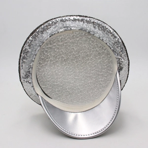 Inside view of silver sequined captain hat showing white lining and elastic strap