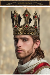 Detail of vintage bronze king crown with red gemstones worn by a model for cosplay