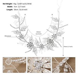 Detail view of silver bridal headband with rhinestones, crystal beads and metal floral leaves