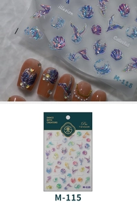 Detailed 3D holographic nail art sticker with shell and fishtail patterns in iridescent effect