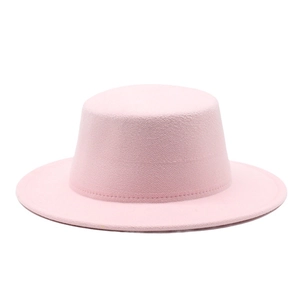 Pink flat top wool felt fedora hat with wide brim for women and kids in classic style