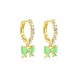 S925 silver needle gold bow earrings with green enamel and white zircon stones