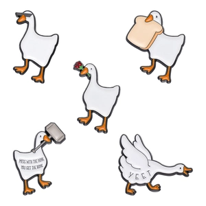 Funny cartoon white goose enamel pins set in 5 poses with sunglasses and bread