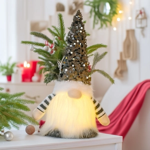 Close-up of glowing beard on Christmas gnome with sequin tree hat and LED lighting