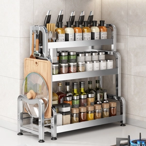 Stainless Steel Kitchen Spice Rack Multi-layer Countertop Storage Shelf With Knife Holder Hooks Chopping Board Stand