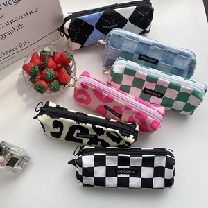 Estuche De Lona De Gran Capacidad Bolsa De Maquillaje Cuadros Leopardo Cremallera Bolsa De Papelería Para Estudiantes